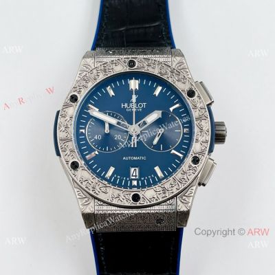 Faux Hublot Classic Fusion Chronograph King Watch Tattoo case Blue Dial 42mm